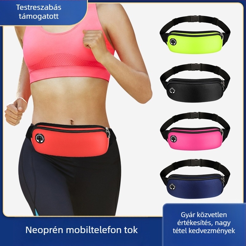 Futó deréktáska – uniszex telefontok, vízálló, búváranyag, cipzáras nyitás, belső hálóval ellátott rekesz, horizontális négyszög alakú
