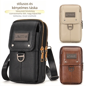 Férfi bőr övzsák telefonhoz, valódi bőr, első réteg borjúbőr, függőleges négyszögletes forma, cipzáras záródás, üzleti stílus