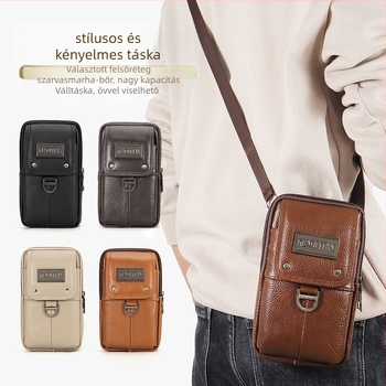 Férfi bőr övzsák telefonhoz, valódi bőr, első réteg borjúbőr, függőleges négyszögletes forma, cipzáras záródás, üzleti stílus