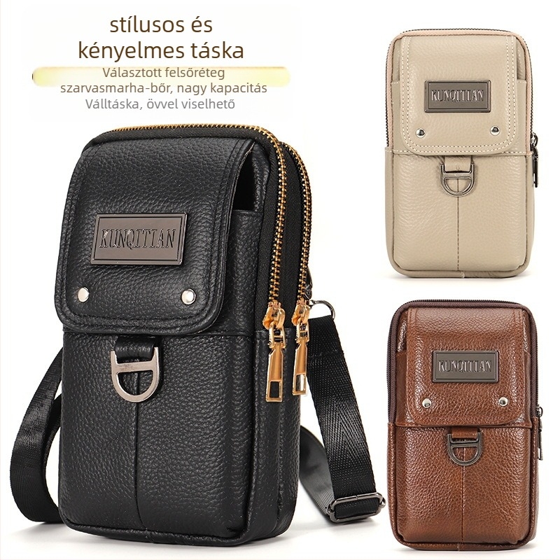 Férfi bőr övzsák telefonhoz, valódi bőr, első réteg borjúbőr, függőleges négyszögletes forma, cipzáras záródás, üzleti stílus