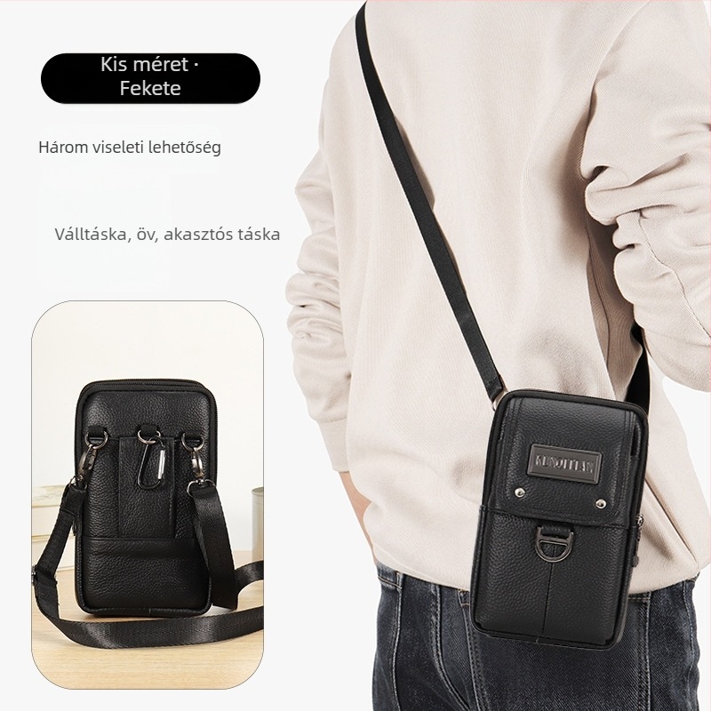 Férfi bőr övzsák telefonhoz, valódi bőr, első réteg borjúbőr, függőleges négyszögletes forma, cipzáras záródás, üzleti stílus
