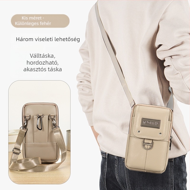 Férfi bőr övzsák telefonhoz, valódi bőr, első réteg borjúbőr, függőleges négyszögletes forma, cipzáras záródás, üzleti stílus