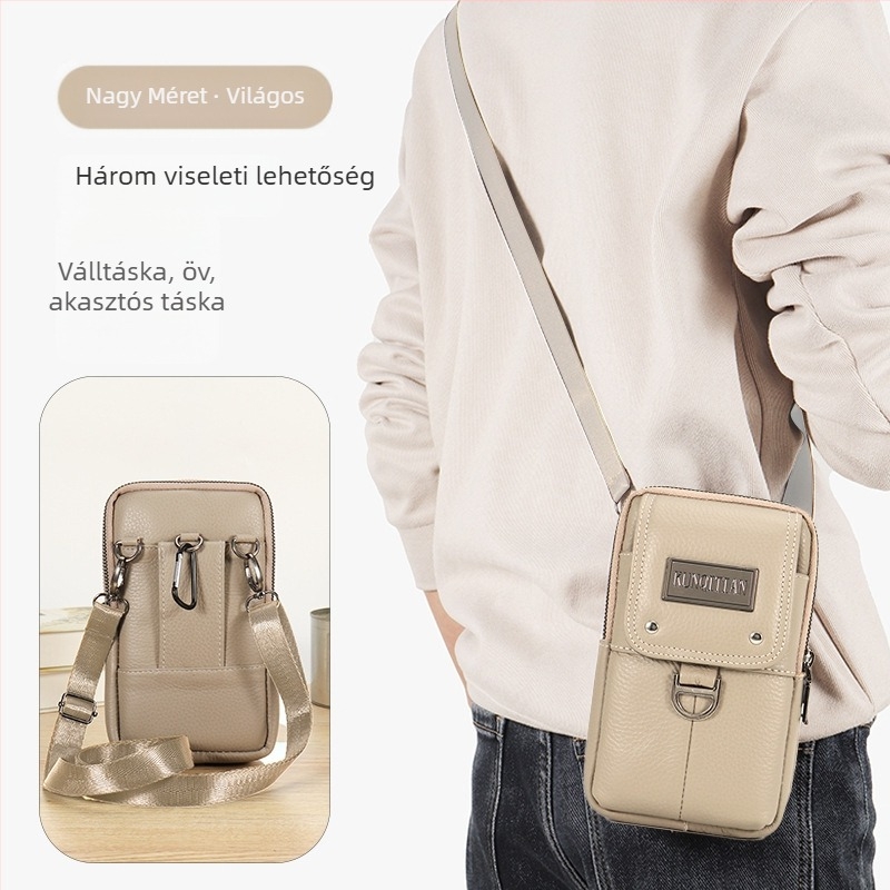 Férfi bőr övzsák telefonhoz, valódi bőr, első réteg borjúbőr, függőleges négyszögletes forma, cipzáras záródás, üzleti stílus