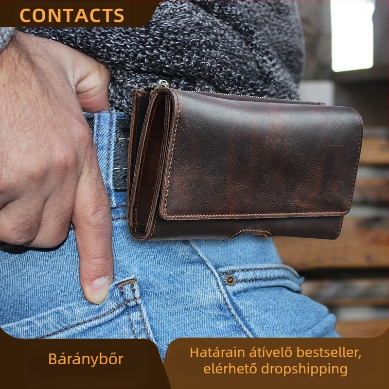 Férfi övtáska telefonhoz, valódi bőr, első réteg marhabőr, lélegző, multifunkcionális