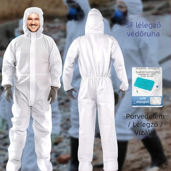 Egyszerhasználatos védőoverál kapucnival és cipzárral (Egy darabos; beépített kapucnival és lábakkal; cipzáras lezárás; SF lélegző membrános nemszövött anyag; 45 g)