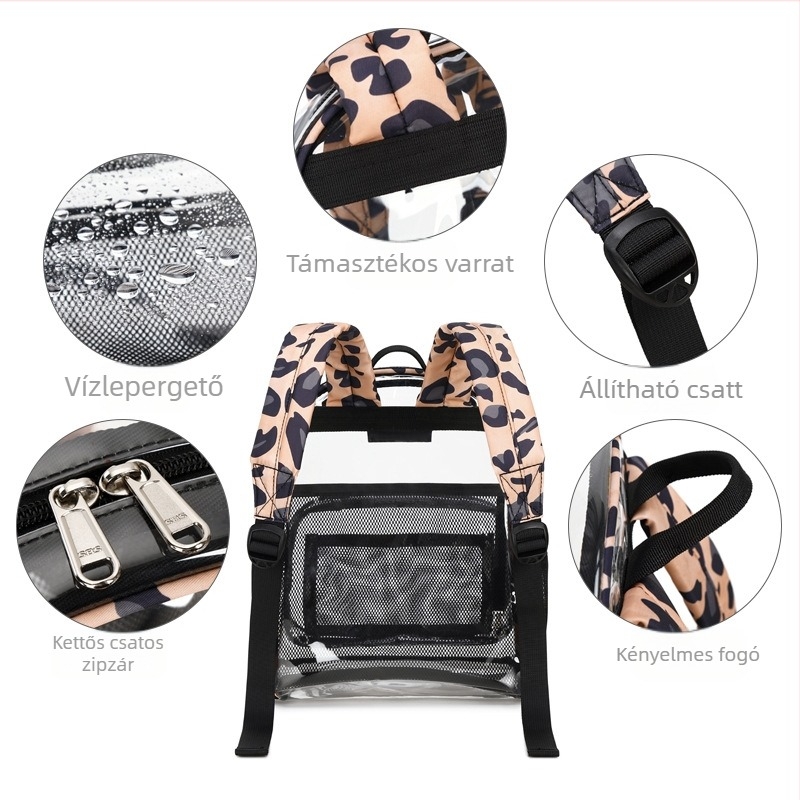 Átlátszó női hátizsák TPU-ból, vízálló, cipzáras záródás, belső cipzáras zseb, belső réteg