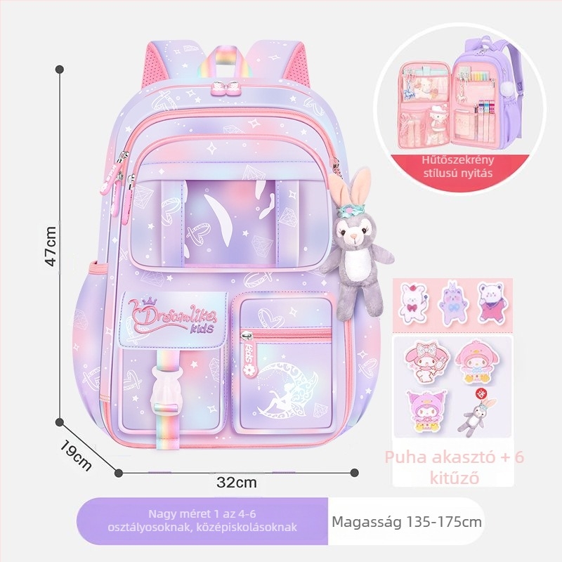 Lányoknak szóló iskolatásk, 1–6. osztály, ultra könnyű Oxford anyag, lélegző és tehercsökkentő, gradiens mintázat