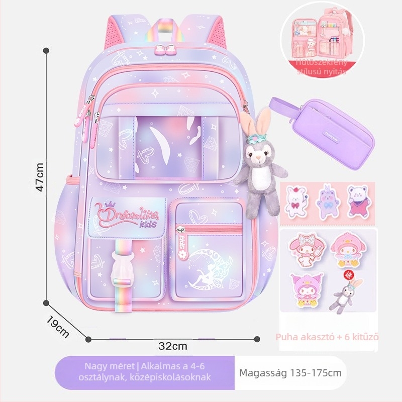 Lányoknak szóló iskolatásk, 1–6. osztály, ultra könnyű Oxford anyag, lélegző és tehercsökkentő, gradiens mintázat