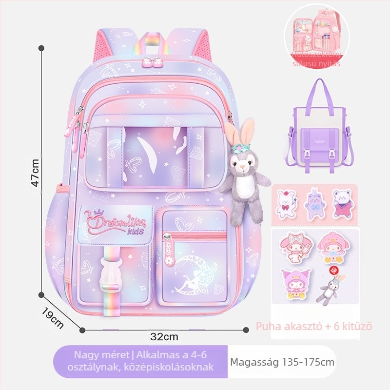 Lányoknak szóló iskolatásk, 1–6. osztály, ultra könnyű Oxford anyag, lélegző és tehercsökkentő, gradiens mintázat