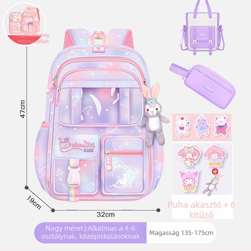 Lányoknak szóló iskolatásk, 1–6. osztály, ultra könnyű Oxford anyag, lélegző és tehercsökkentő, gradiens mintázat