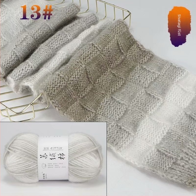 Kézimű kötéshez való fonal, keverék; Összetétel: nyúl velúr és módosított poliészter; fonal forma: vonal; fonás folyamata: gyűrűs fonás; csavarás: 10