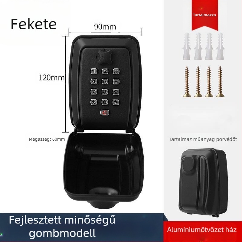 Numerikus jelszavas kulcstartó doboz, modell G14; anyagok: alumíniumötvözet, cinkötvözet, ABS műanyag; zárócsap vastagsága 11; zárókardák közötti távolság 31