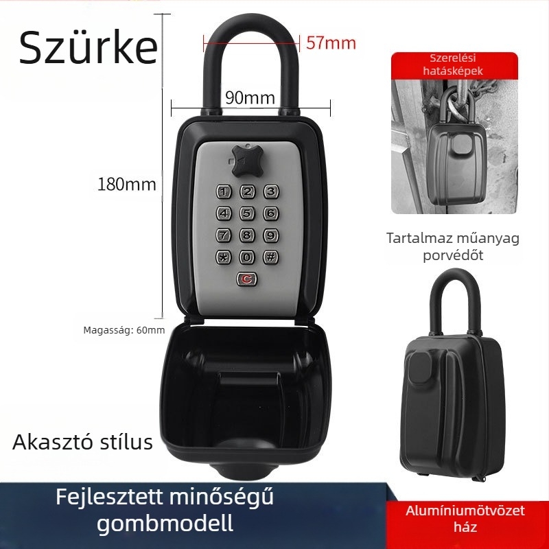 Numerikus jelszavas kulcstartó doboz, modell G14; anyagok: alumíniumötvözet, cinkötvözet, ABS műanyag; zárócsap vastagsága 11; zárókardák közötti távolság 31