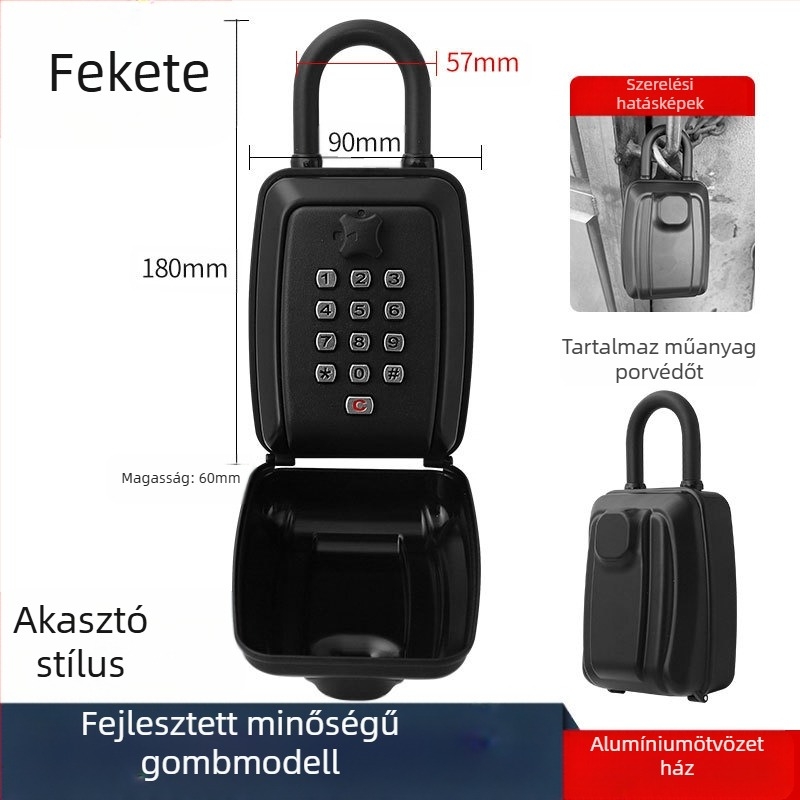 Numerikus jelszavas kulcstartó doboz, modell G14; anyagok: alumíniumötvözet, cinkötvözet, ABS műanyag; zárócsap vastagsága 11; zárókardák közötti távolság 31