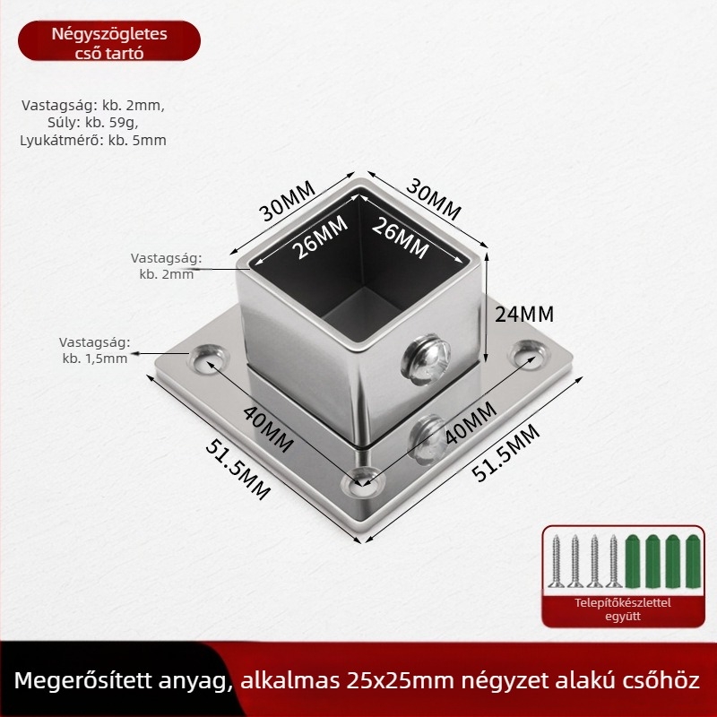 Négyzet alakú flanx alapcső tartó oldalrögzítéshez, rozsdamentes acél 201, felület: szálcsiszolt, modern minimalist dizájn