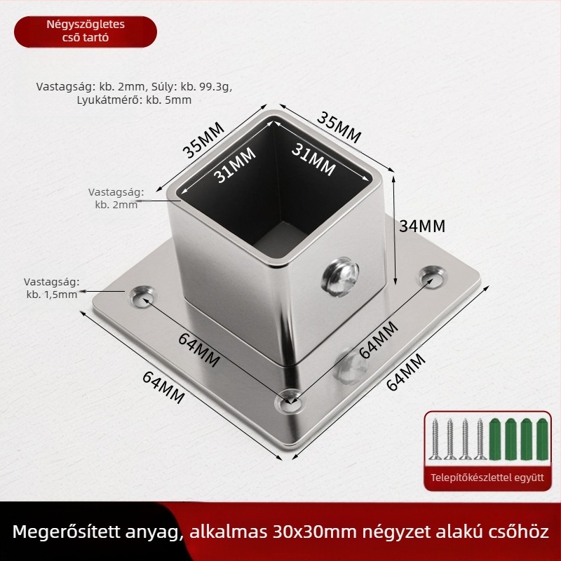 Négyzet alakú flanx alapcső tartó oldalrögzítéshez, rozsdamentes acél 201, felület: szálcsiszolt, modern minimalist dizájn
