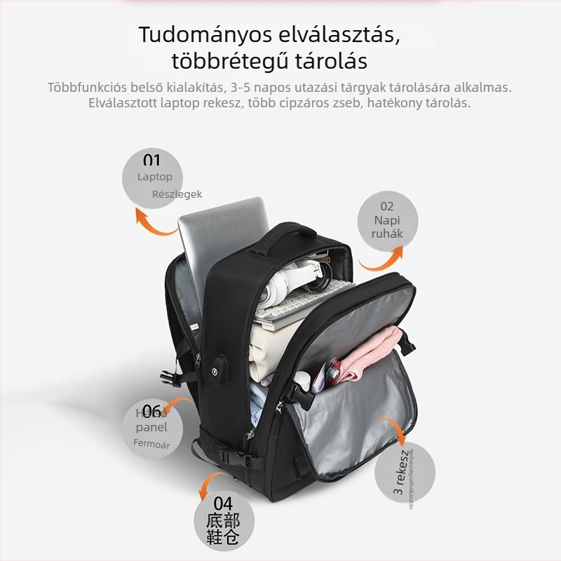 Üzleti utazásokhoz tervezett hátizsák, uniszex, vízálló, száraz–nedves rekesz, 36–55 L kapacitás, nylon anyag