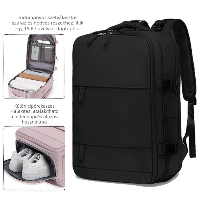 Üzleti utazásokhoz tervezett hátizsák, uniszex, vízálló, száraz–nedves rekesz, 36–55 L kapacitás, nylon anyag