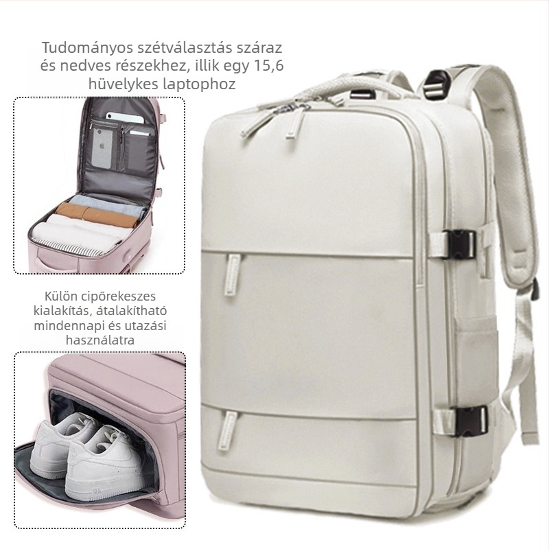 Üzleti utazásokhoz tervezett hátizsák, uniszex, vízálló, száraz–nedves rekesz, 36–55 L kapacitás, nylon anyag