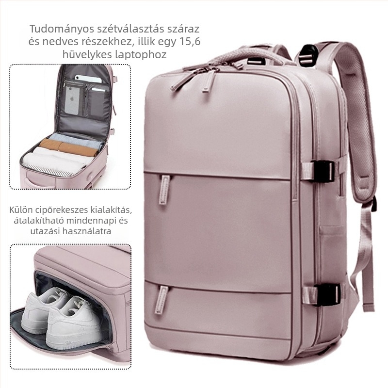 Üzleti utazásokhoz tervezett hátizsák, uniszex, vízálló, száraz–nedves rekesz, 36–55 L kapacitás, nylon anyag