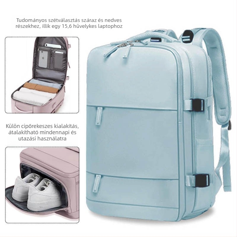 Üzleti utazásokhoz tervezett hátizsák, uniszex, vízálló, száraz–nedves rekesz, 36–55 L kapacitás, nylon anyag