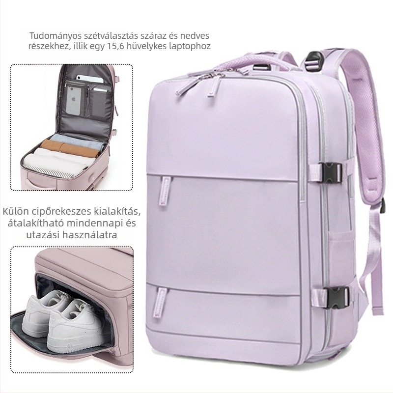 Üzleti utazásokhoz tervezett hátizsák, uniszex, vízálló, száraz–nedves rekesz, 36–55 L kapacitás, nylon anyag