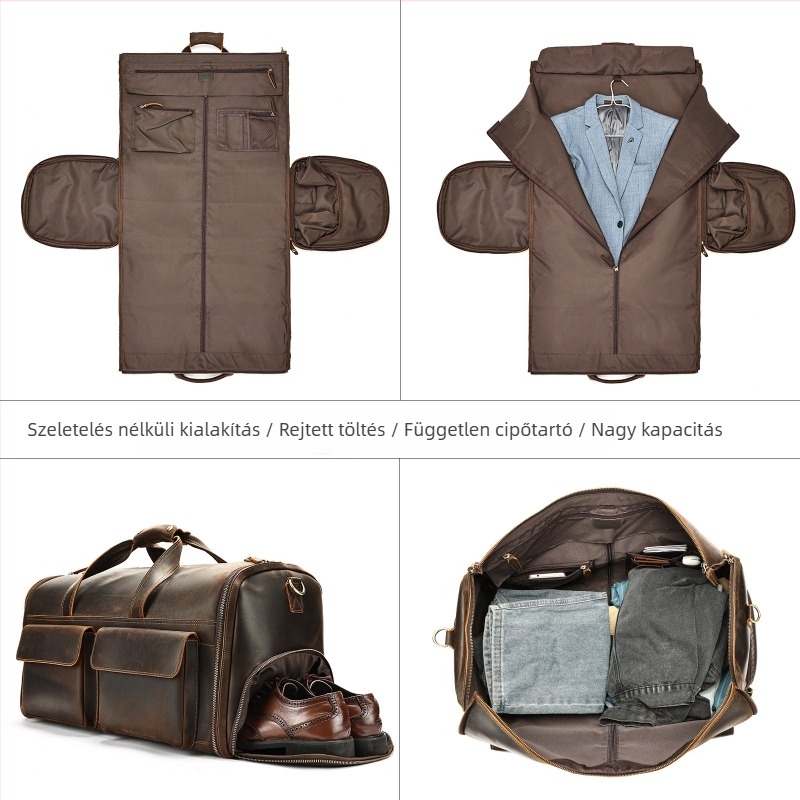 Marunte férfi bőr utazótáska, kézi hordozás, kapacitás 36-55 L, minőségi bőr, poliészter bélés, üzleti stílus
