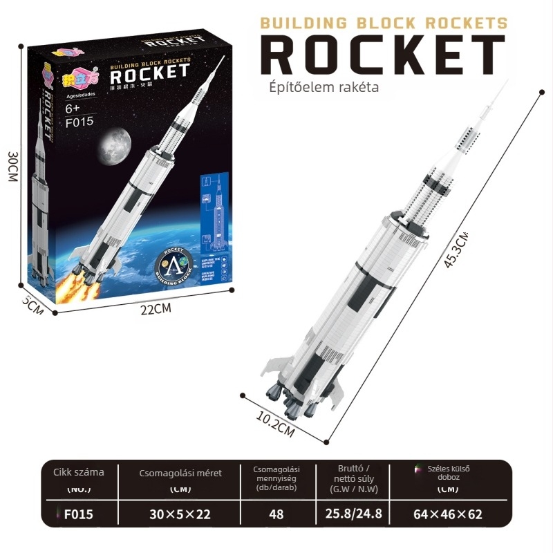 Lego-kompatibilis Apollo Saturn V építőblokkok LED-fényfunkcióval, 800+ darab, ABS műanyag, DIY-barát