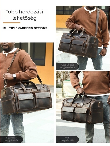 Marunte férfi bőr utazótáska keresztpánttal, Crazy Horse bőr, 36–55 L kapacitás, poliészter bélés