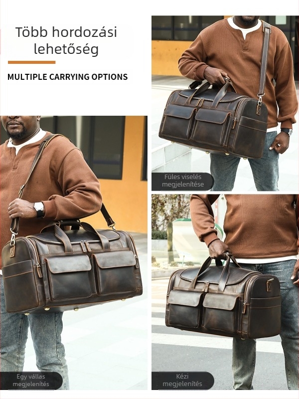 Marunte férfi bőr utazótáska keresztpánttal, Crazy Horse bőr, 36–55 L kapacitás, poliészter bélés