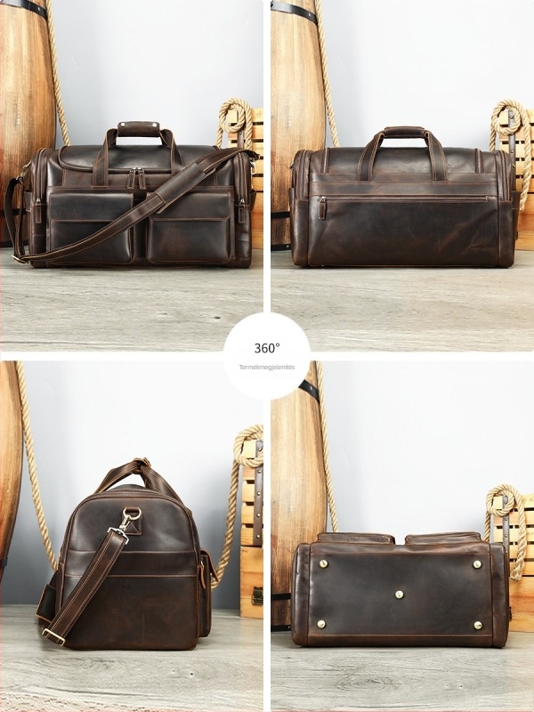 Marunte férfi bőr utazótáska keresztpánttal, Crazy Horse bőr, 36–55 L kapacitás, poliészter bélés