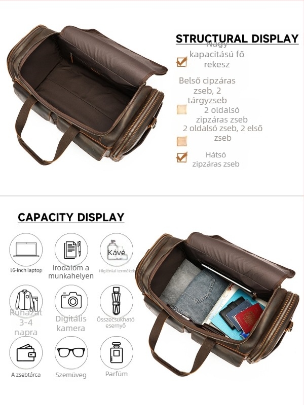 Marunte férfi bőr utazótáska keresztpánttal, Crazy Horse bőr, 36–55 L kapacitás, poliészter bélés