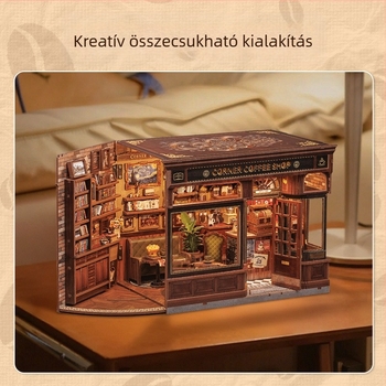 Faanyag DIY 3D architektúrális modell: Corner Coffee Shop, akkumulátoros, összeszerelés szükséges, CuteBee