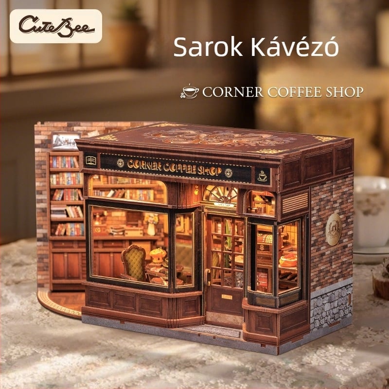 Faanyag DIY 3D architektúrális modell: Corner Coffee Shop, akkumulátoros, összeszerelés szükséges, CuteBee