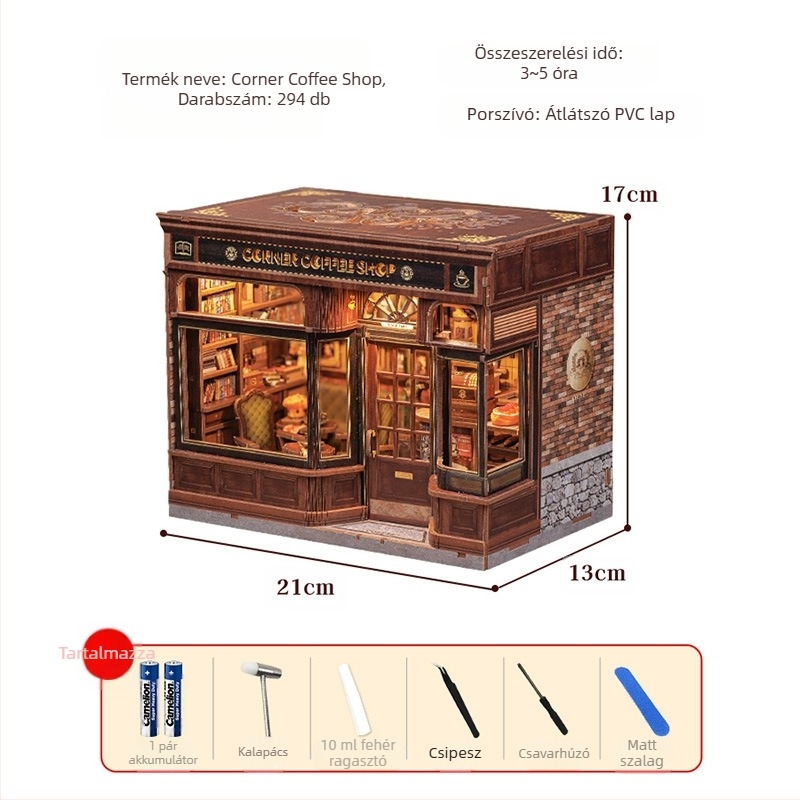 Faanyag DIY 3D architektúrális modell: Corner Coffee Shop, akkumulátoros, összeszerelés szükséges, CuteBee