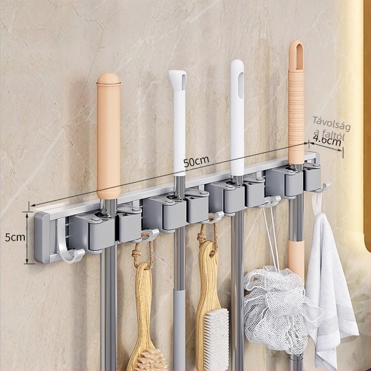 Falihoz szerelhető mop és seprű tartó | űr-alumínium | teherbírás 10 kg | oxidációs feldolgozás | oxidációs felületkezelés | könnyű luxus stílus