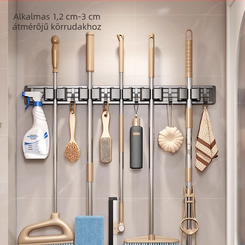 Falihoz szerelhető mop és seprű tartó | űr-alumínium | teherbírás 10 kg | oxidációs feldolgozás | oxidációs felületkezelés | könnyű luxus stílus