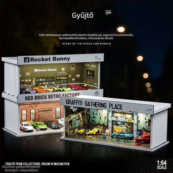 1:64-es méretarányú autómodell kiállításra PVC dobozban garázs jelenettel és világítással; összeszerelés szükséges; rajzok szerint testreszabható