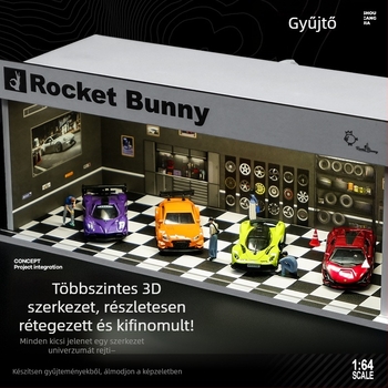 1:64-es méretarányú autómodell kiállításra PVC dobozban garázs jelenettel és világítással; összeszerelés szükséges; rajzok szerint testreszabható