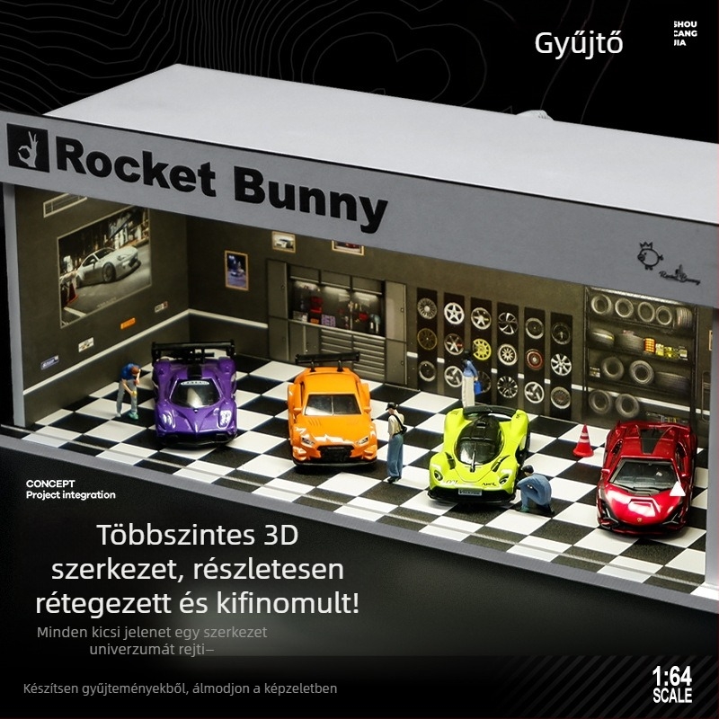 1:64-es méretarányú autómodell kiállításra PVC dobozban garázs jelenettel és világítással; összeszerelés szükséges; rajzok szerint testreszabható
