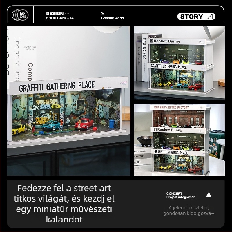 1:64-es méretarányú autómodell kiállításra PVC dobozban garázs jelenettel és világítással; összeszerelés szükséges; rajzok szerint testreszabható