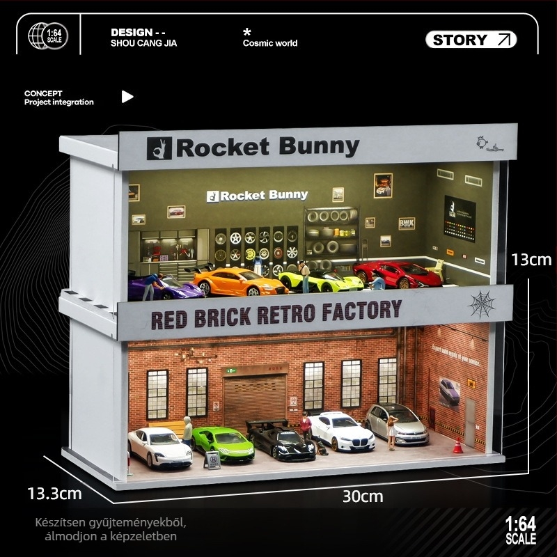 1:64-es méretarányú autómodell kiállításra PVC dobozban garázs jelenettel és világítással; összeszerelés szükséges; rajzok szerint testreszabható