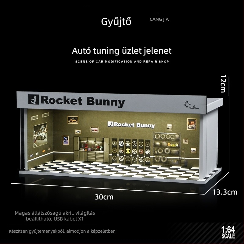 1:64-es méretarányú autómodell kiállításra PVC dobozban garázs jelenettel és világítással; összeszerelés szükséges; rajzok szerint testreszabható