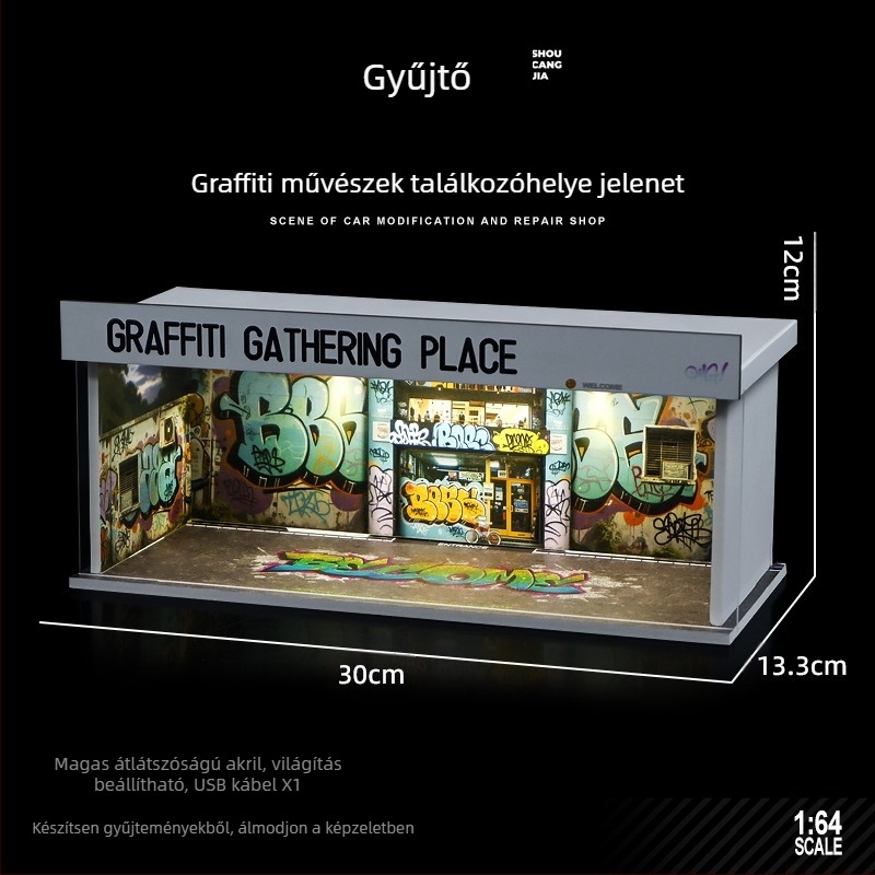 1:64-es méretarányú autómodell kiállításra PVC dobozban garázs jelenettel és világítással; összeszerelés szükséges; rajzok szerint testreszabható