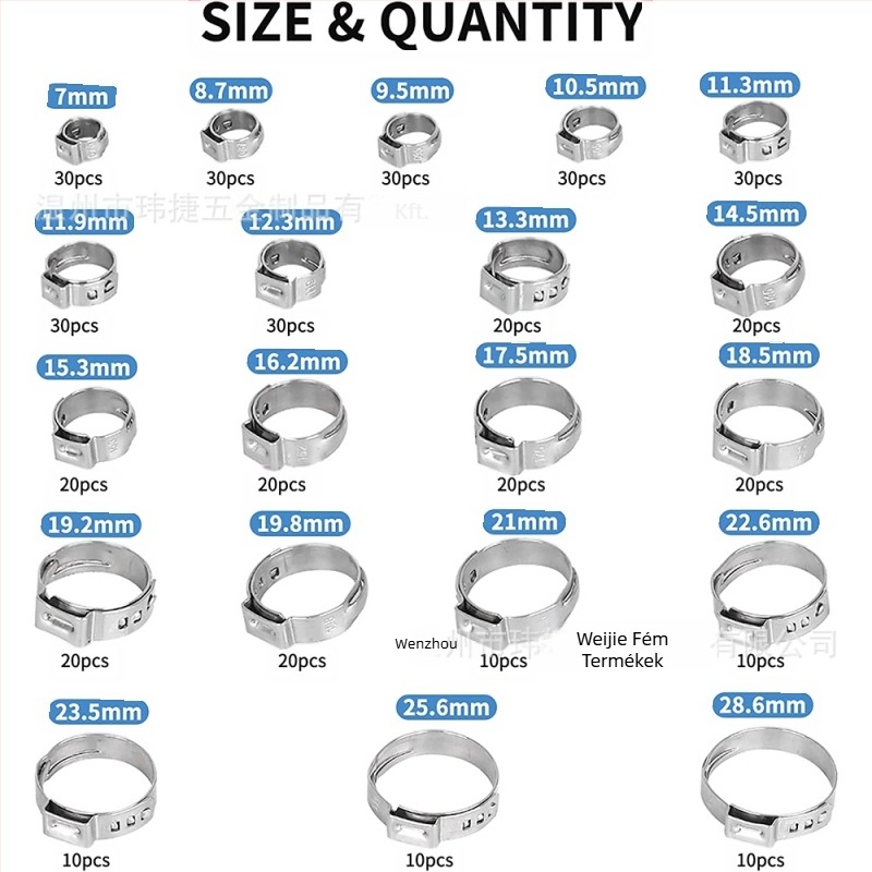 Weijie végtelen szorító rozsdamentes acélból – egyszerű fülgyűrű, nominális átmérő 5–28.6, rögzítő átmérő 5–28.6, alkalmazási tartomány 7–21