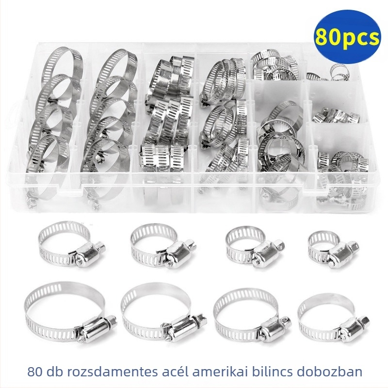 Nemes acélból készült amerikai stílusú tömlőbilincs készlet dobozban, 60 db, csövekhez, névleges Ø 8–44 mm