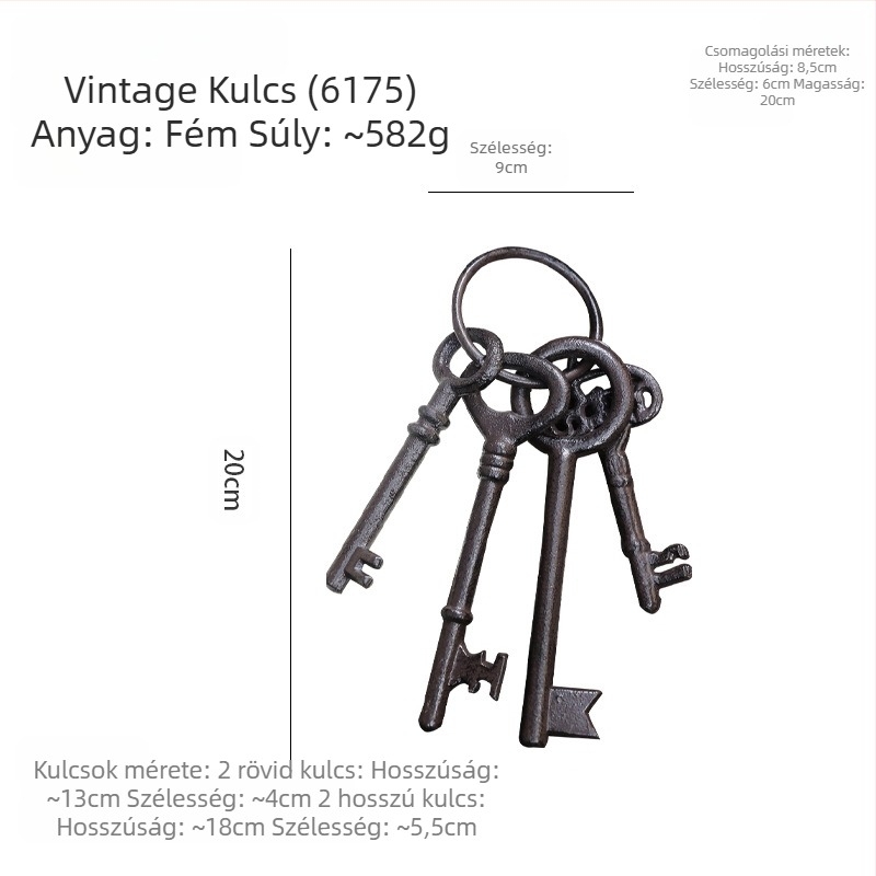 Kulcstartó falidísz — öntöttvas, geometriai forma, modern minimál stílus, európai vintage ihletés, ajándék kész