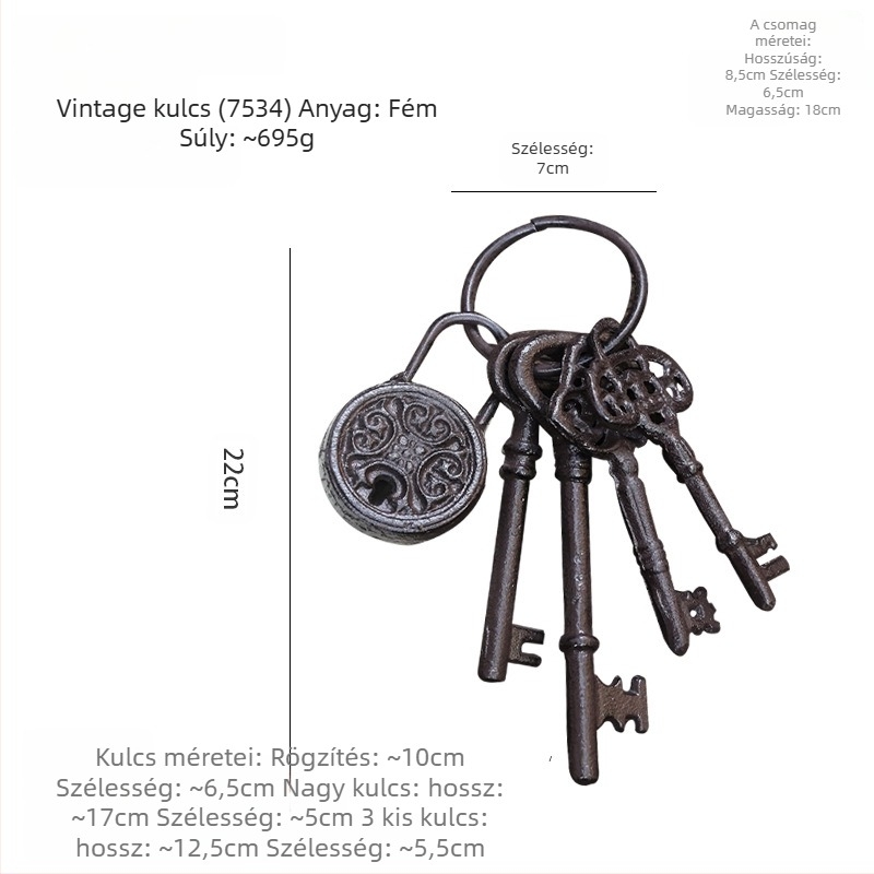 Kulcstartó falidísz — öntöttvas, geometriai forma, modern minimál stílus, európai vintage ihletés, ajándék kész