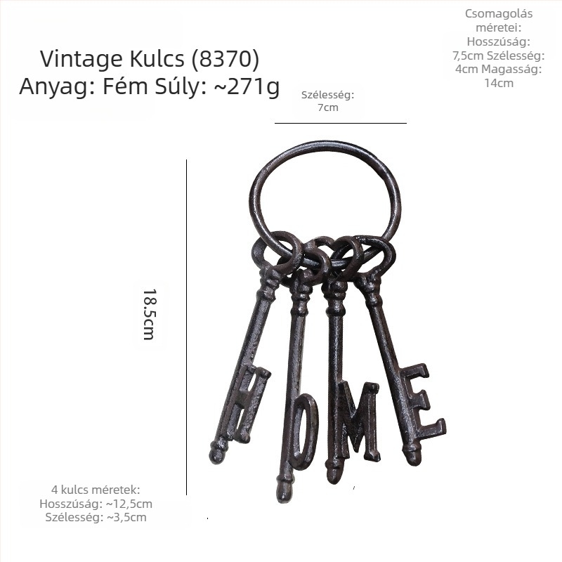 Kulcstartó falidísz — öntöttvas, geometriai forma, modern minimál stílus, európai vintage ihletés, ajándék kész