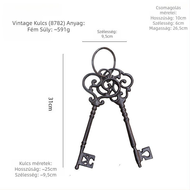 Kulcstartó falidísz — öntöttvas, geometriai forma, modern minimál stílus, európai vintage ihletés, ajándék kész